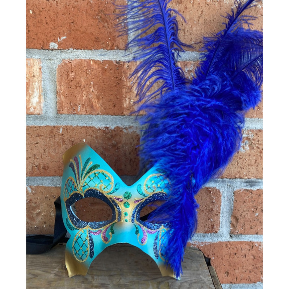 Pier 1 Mask Maschera Del Galeone Italy Hand-Painted Masquerade Blue Feathers - Picture 1 of 13